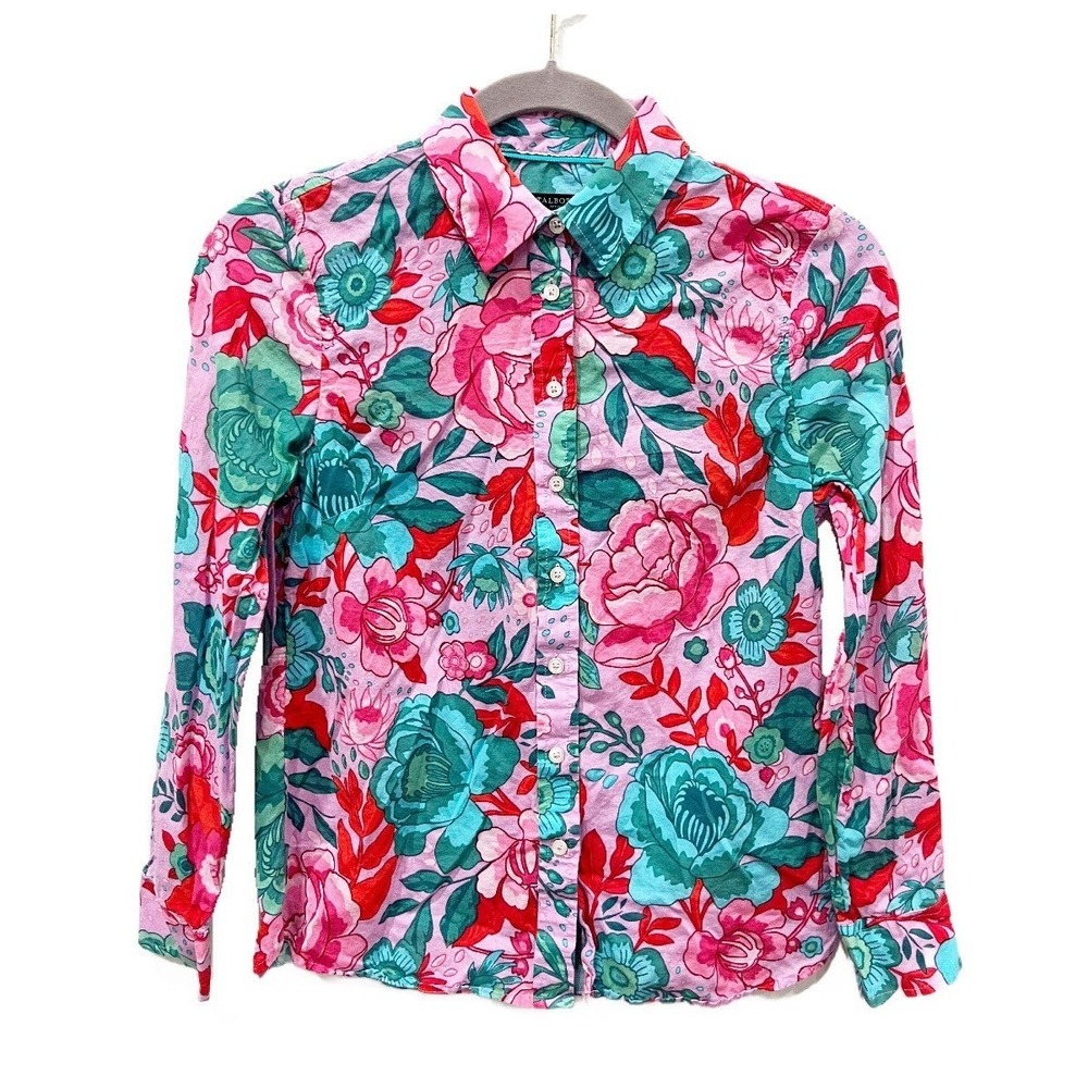 Talbots Cotton Button Front Shirt Sketched Blooms‎ Vibrant Floral Size Petite